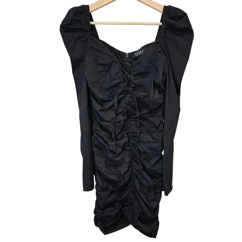 Akira Black Ruched Long Sleeve Dress